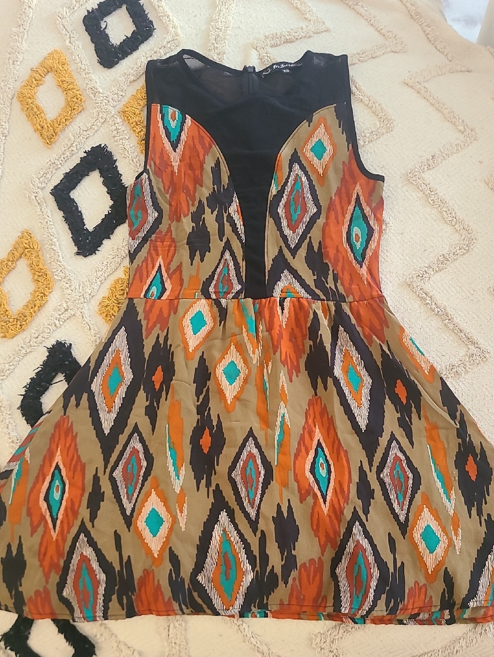 Sleeveless Tribal Print Fit & Flare Dress - Black & Multi